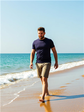 蓝色海边沙滩散步的欧美帅哥图片